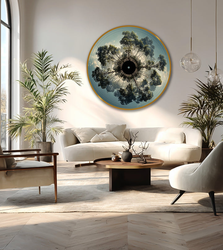 Circularly oriented, this radial forest perspective oil painting showcases a captivating oil painting decoration with a unique celestial canopy design.