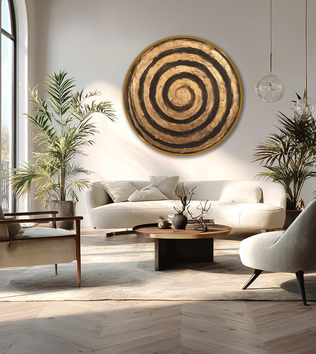 The darkest area of this golden ripple oil painting art piece defines the depth of each concentric ring in this abstract round wooden wall art.