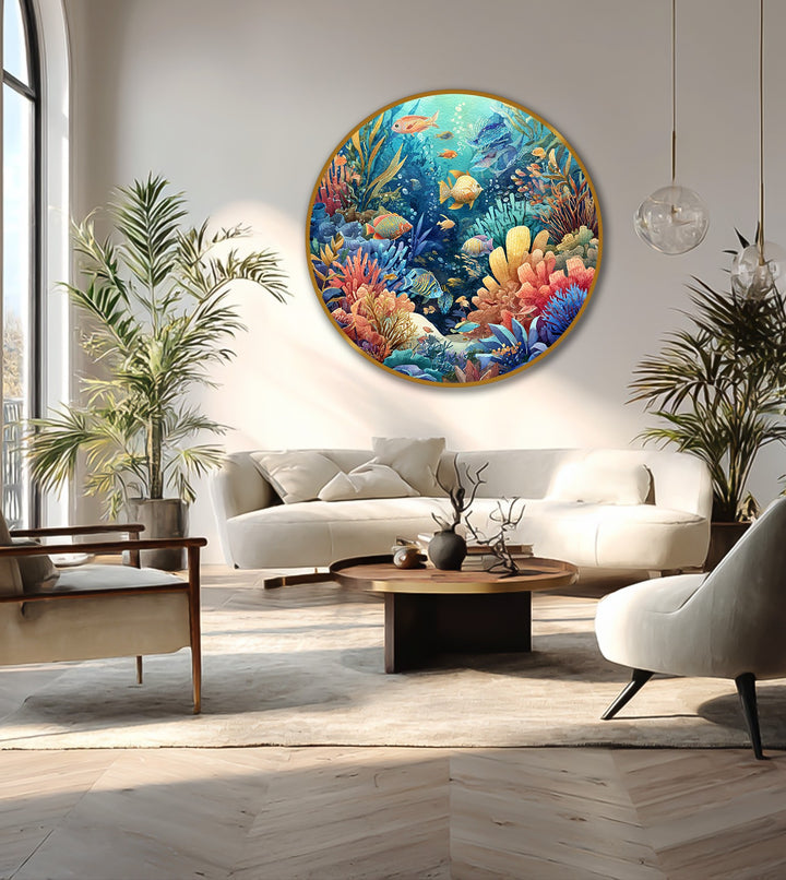 Displaying a stunning vibrant coral reef round oil painting art prints that showcases colorful tropical fish amid the beautiful underwater seascape, which is the central subject.
