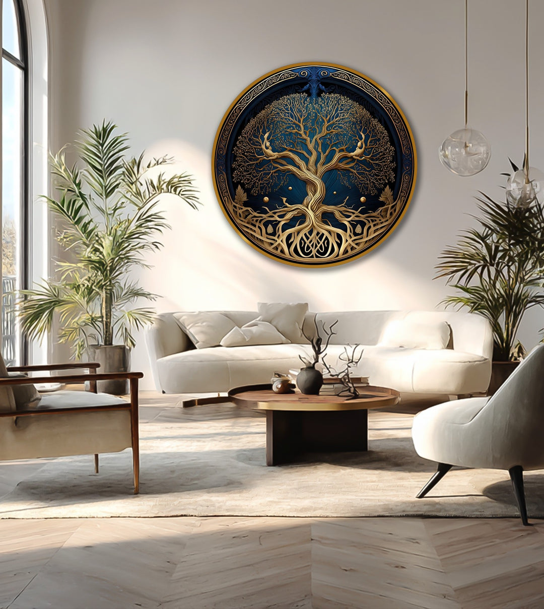 Glistening highlights across the round celestial roots oil painting create a softness, exemplifying modern oil painting art in a tree of life motif.