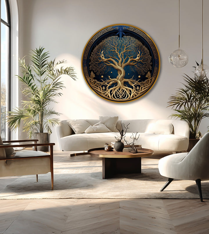 Glistening highlights across the round celestial roots oil painting create a softness, exemplifying modern oil painting art in a tree of life motif.