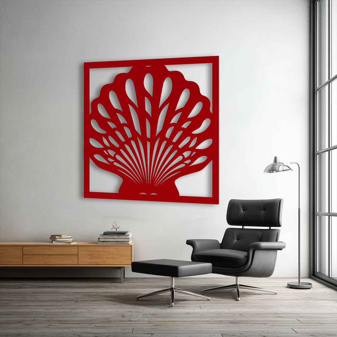 Vibrant red seashell frame metal wall decor, part of the Ocean Elegance collection, prominently featured on a clean white wall.