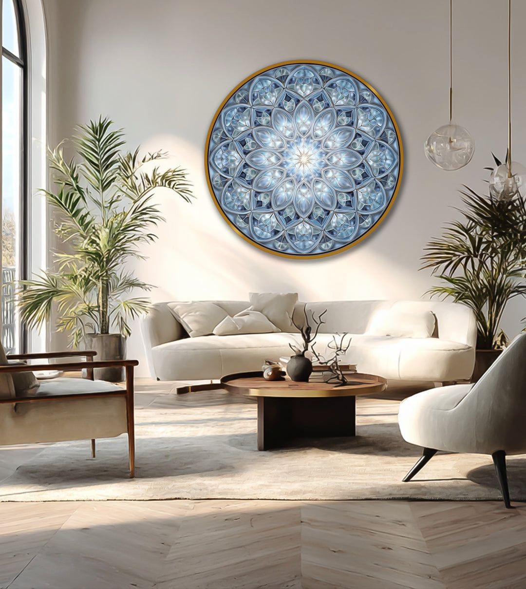 Geometric precision defines this round blue mandala oil painting artwork, showcasing symmetrical patterns and crystal-inspired designs set within a wooden frame.
