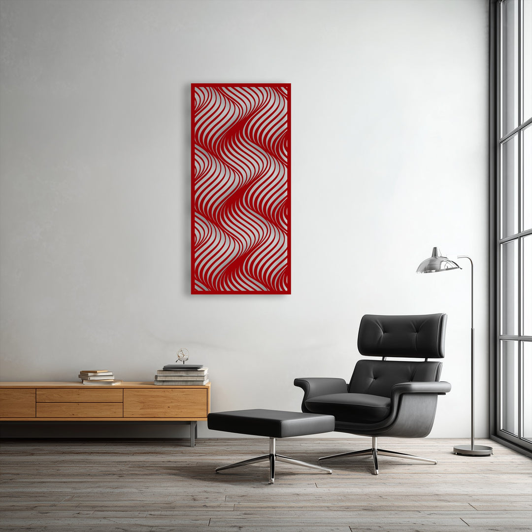 Featuring a matte red finish, this abstract flowing wave pattern metal wall decor adds dynamic texture to the contemporary space.