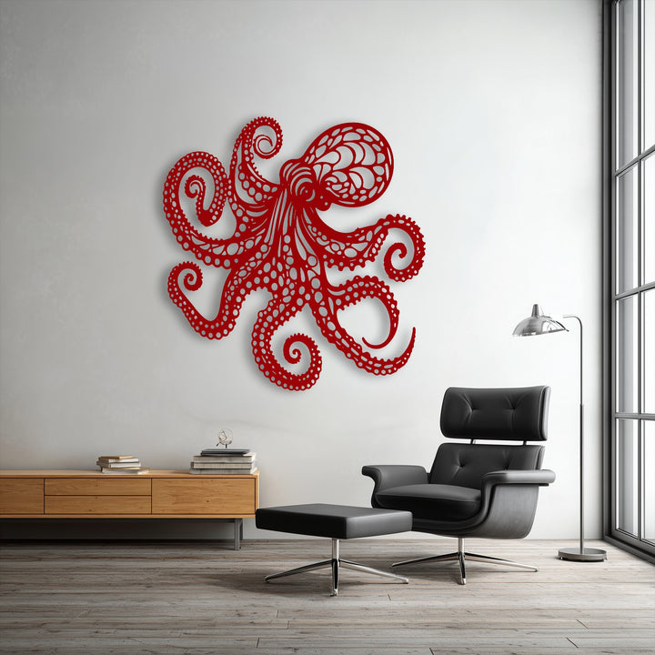 The bright, neutral color temperature of the room accentuates the bold red octopus decorative metal art above a wood console.