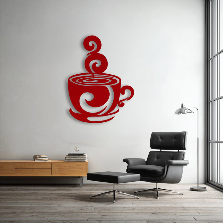 The focal point is a vibrant red swirling coffee cup silhouette, an eye-catching piece of metal wall decor, perfect for modern kitchens.