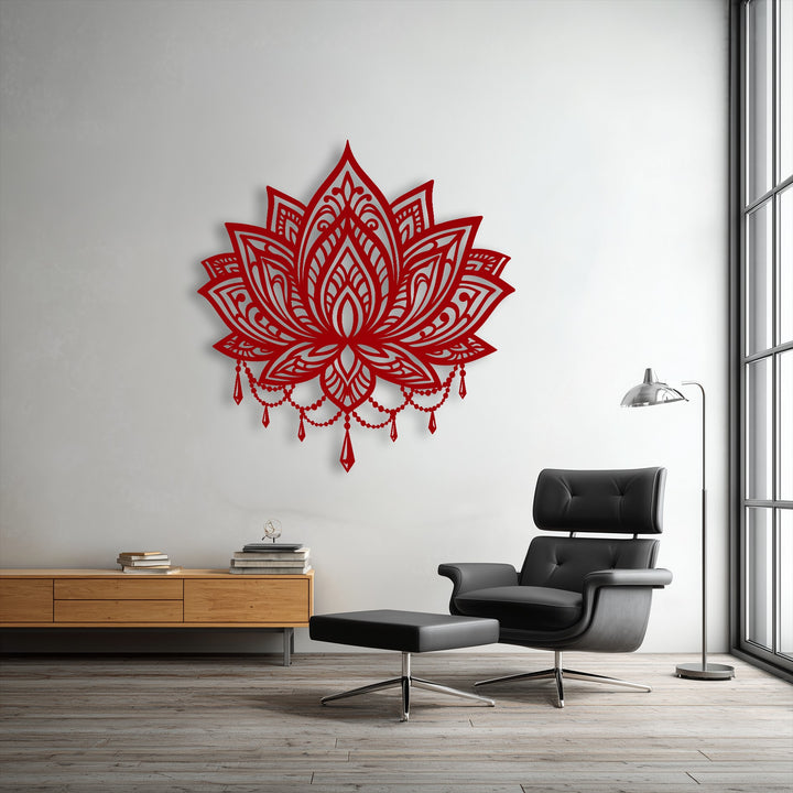 The unique metal wall art features an ornate lotus mandala with a smooth, matte red surface and intricate cut-out textures creating subtle depth.