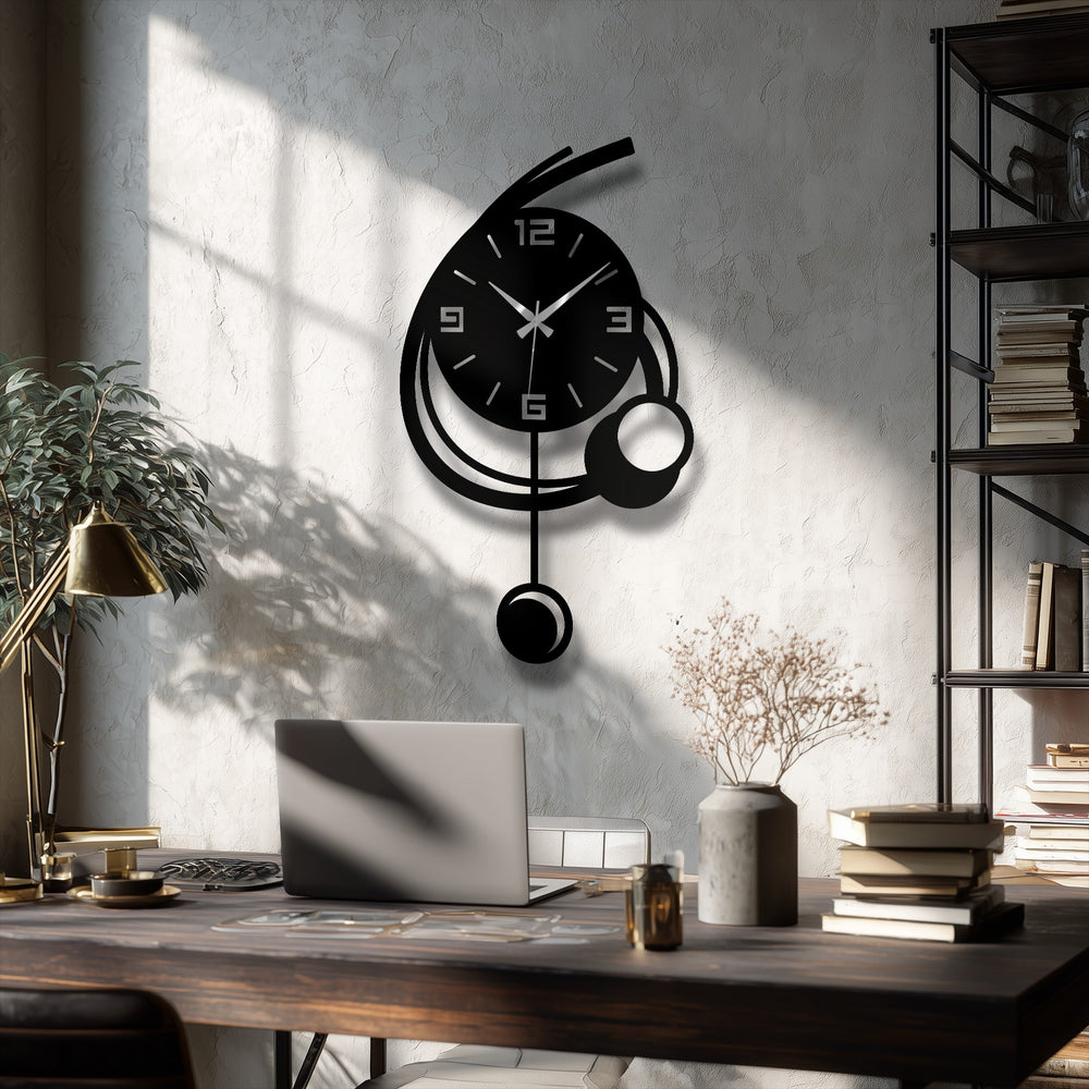 Realistic detail emphasizes the minimalist geometric design of this modern orbit pendant decorative metal art wall clock, highlighting its elegant curves and gold hands.