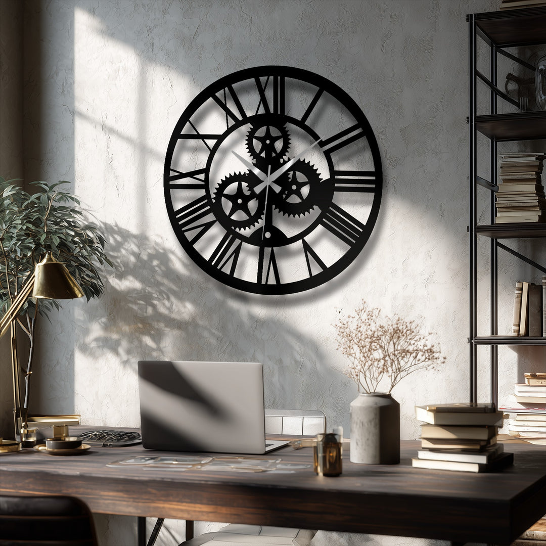Depth and layers are achieved by the industrial gear decorative metal art wall clock with Roman numerals that adds steampunk charm to the space.