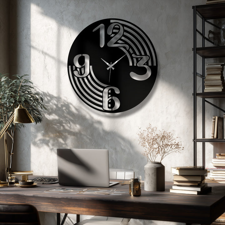 The elegant Modern Flow Number Metal Wall Clock, a striking piece of metal artwork with silver numbers and gold hands, dominates a textured wall.