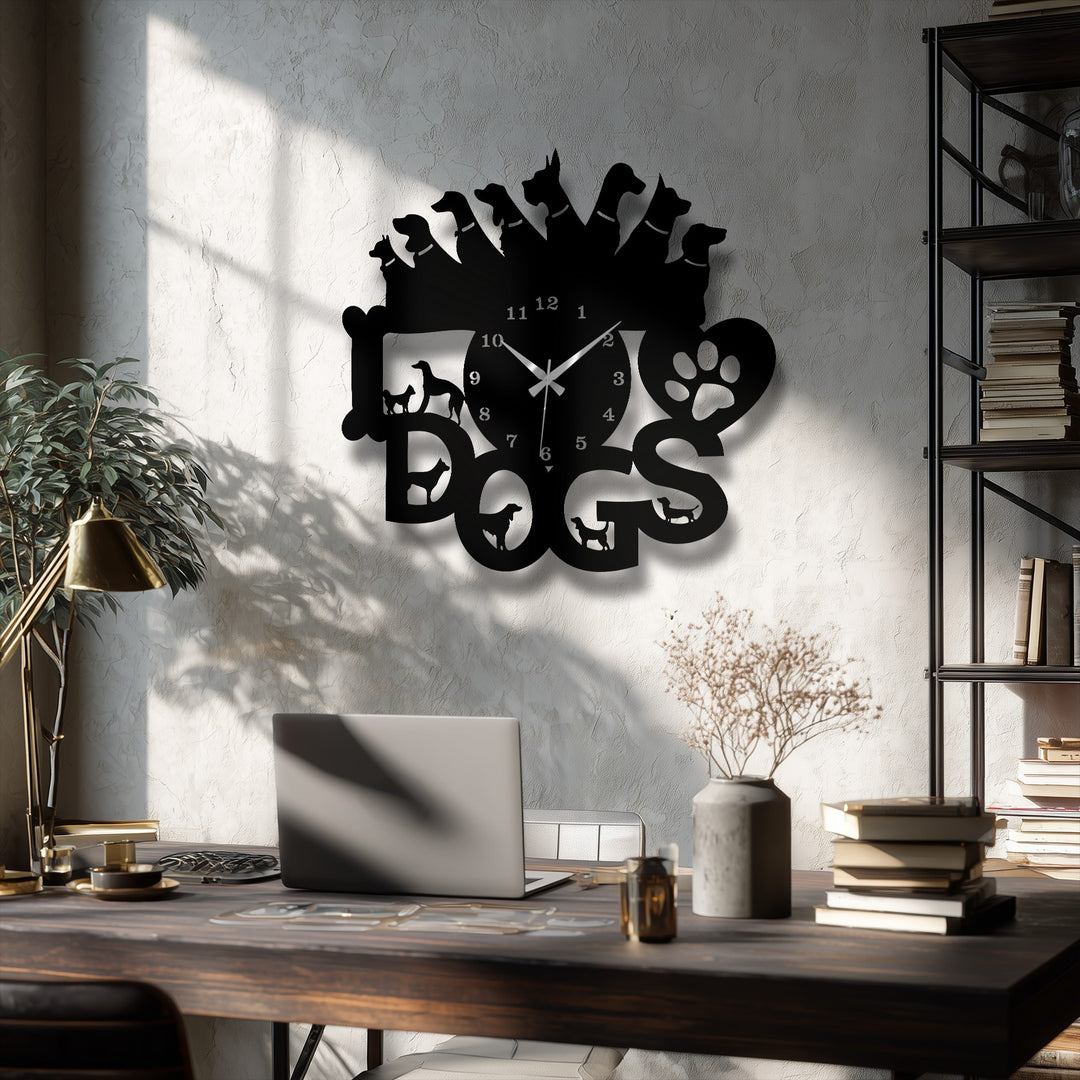 Sunlight dramatically illuminates the textured wall beside a black dog lovers unique metal wall art clock, casting sharp shadows.