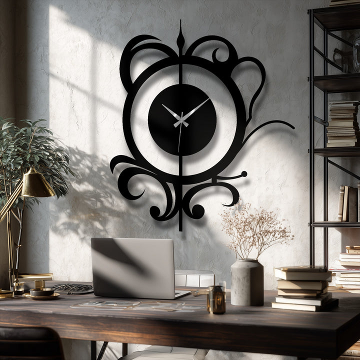 The elegant floral scroll metal wall clock, the central subject, makes a statement as modern metal wall decor with its intricate design and bold black finish.