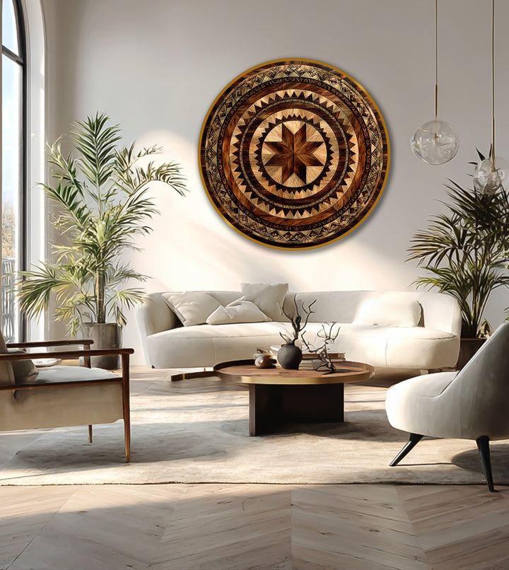 Behind the captivating tribal sunburst mandala, the neutral background complements this rustic geometric round oil painting home decor in a naturally lit living area.