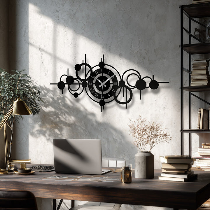 Emanating a dynamic flair, this abstract orbit design in metal art for wall depicts a captivating sense of motion within the circle wall clock.