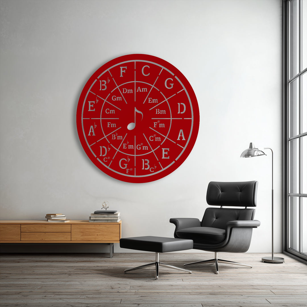 The bold red circle of fifths metal artwork stands out with pronounced depth against the bright wall, displaying intricate music theory notations.