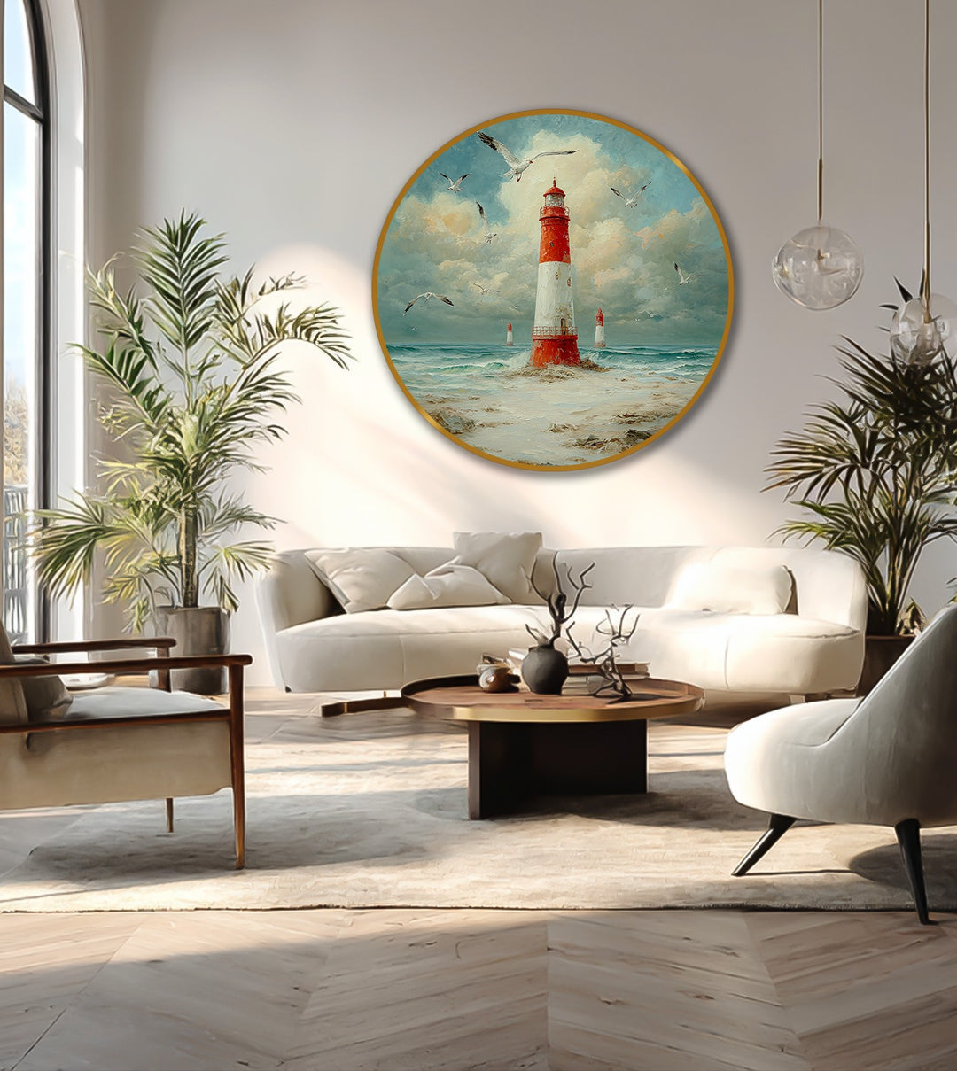 Glistening gold accents highlight the circular edge and borders of the 'Coastal Beacon with Seagulls' oil painting decoration, complementing the serene nautical art.