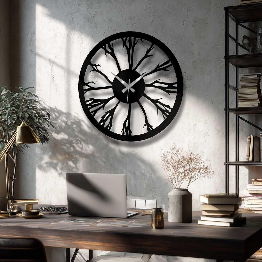 Cracked surface texture emphasizes the Tree Silhouette Nature Metal Wall Clock, a striking piece of decorative metal art against the mottled wall.