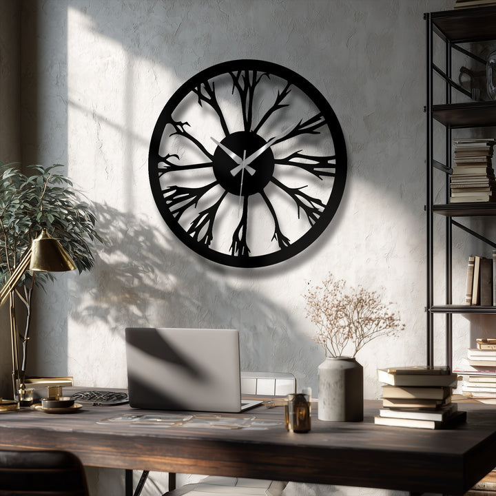 Cracked surface texture emphasizes the Tree Silhouette Nature Metal Wall Clock, a striking piece of decorative metal art against the mottled wall.