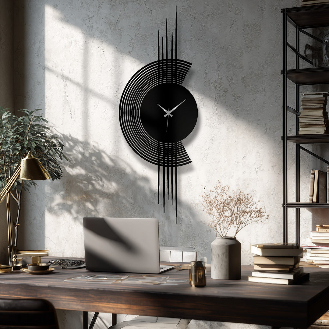 Warm light illuminates the modern metal wall clock with its arc lines and minimalist vertical design, enhancing its decoration wall art appearance.