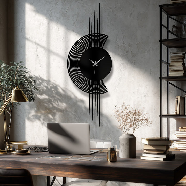 Warm light illuminates the modern metal wall clock with its arc lines and minimalist vertical design, enhancing its decoration wall art appearance.