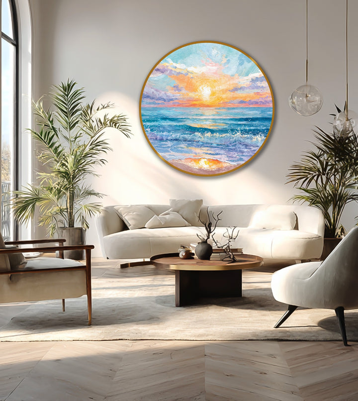 Layered surface texture brings depth to this vibrant seaside sunrise round oil painting decoration, with rich brushstrokes creating a glowing horizon and gentle waves.