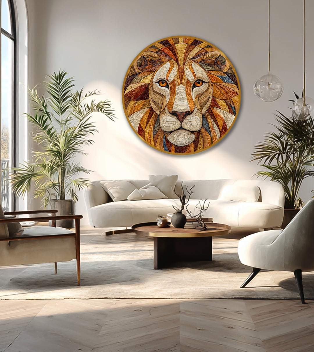 Behind the golden mosaic lion portrait round oil painting, the background features a modern, sunlit living room scene, complementing the wildlife oil painting wall art.