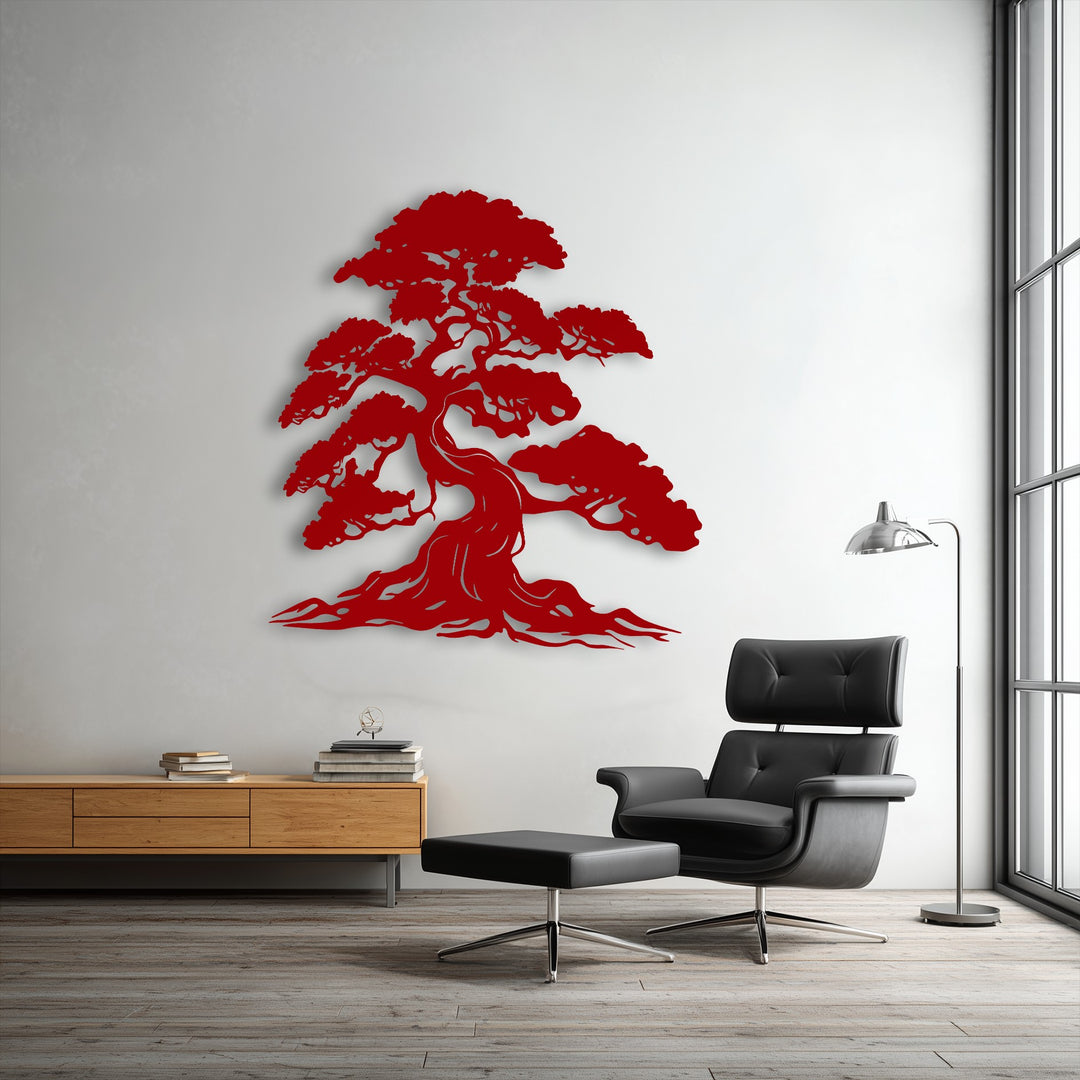 The vividly saturated red of the nature-inspired bonsai tree metal decoration wall art dramatically contrasts with the room's muted tones.
