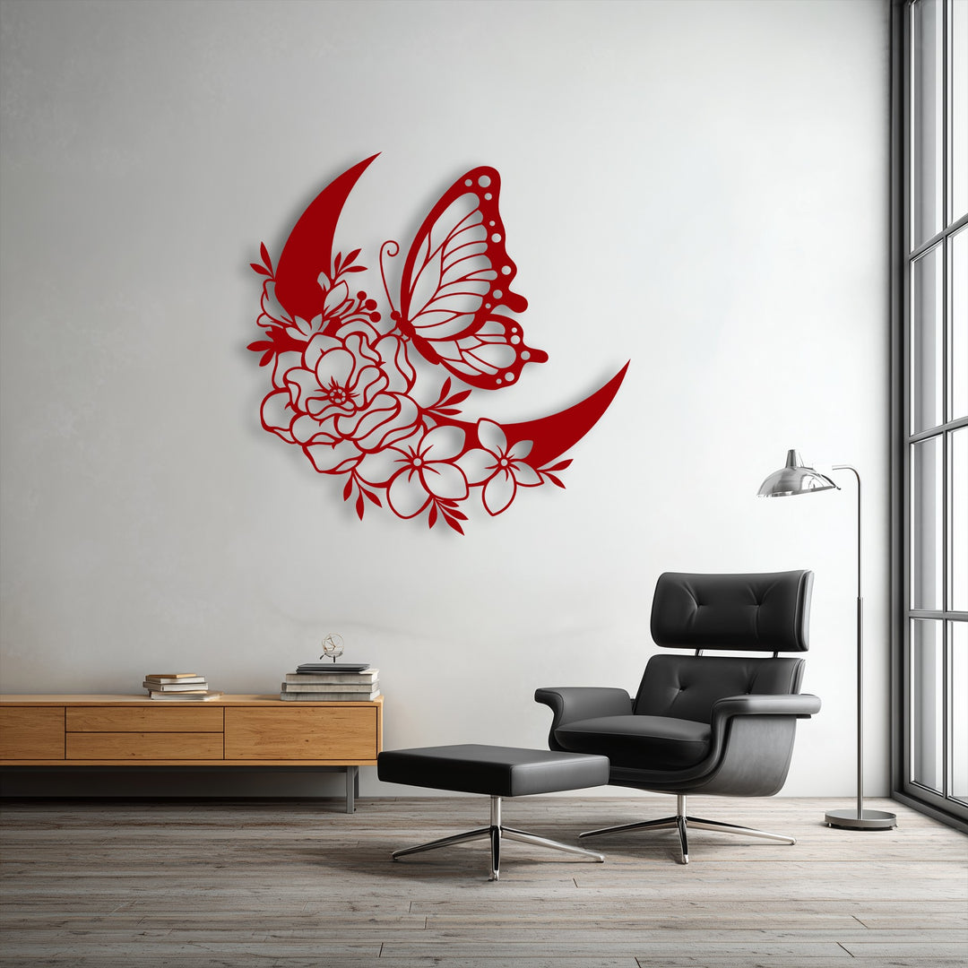 Organic forms of an intricate red butterfly and delicate floral crescent create captivating metal wall decor.