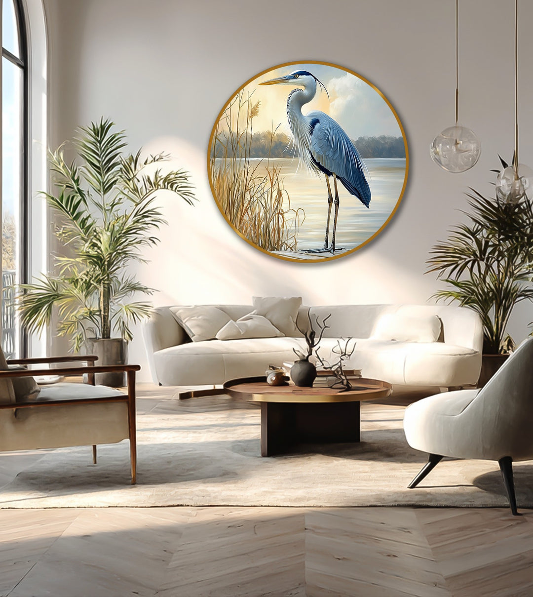 Visible brushstrokes and impasto create a rich surface texture on this round oil painting wall art of a majestic heron standing in still waters at sunrise.
