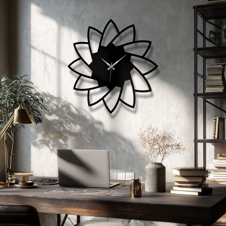 Organic, layered petals form this lotus bloom, decorative metal art wall clock with a modern, minimalist floral design.