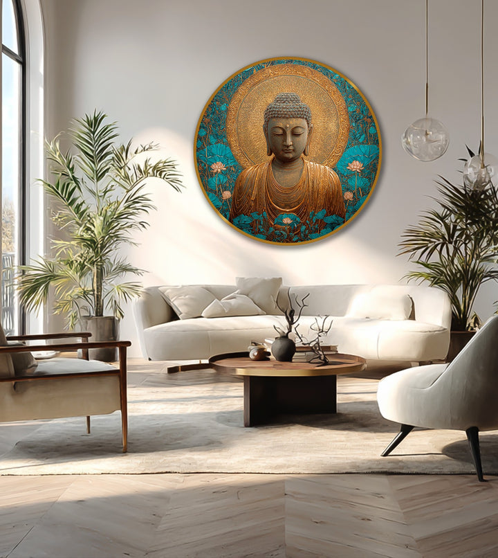 Round oil painting reproduction print features a centered Buddha figure encircled by concentric golden and teal geometric shapes with lotus accents.