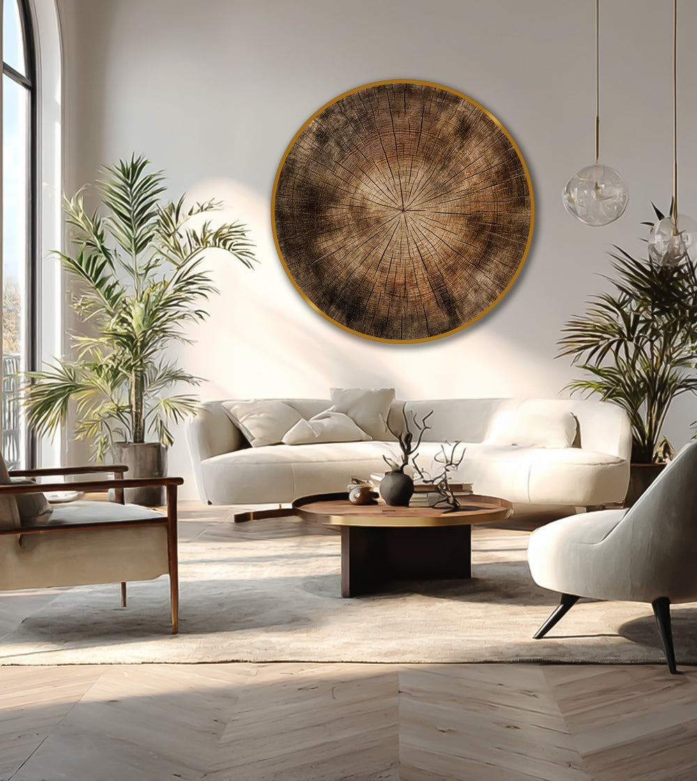 Exploring the abstract quality of this timeless growth round oil painting wall art showcases a mesmerizing wood texture, transforming nature's art into captivating organic home decor.