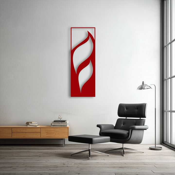 Abstract minimalist red and white flowing leaf design defines this captivating vertical decorative metal art.