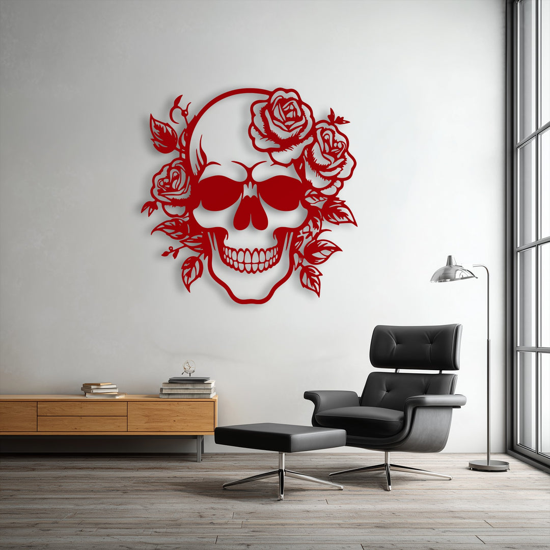 The striking transition from bold red floral skull decoration wall art to the light grey wall creates a dramatic visual impact.