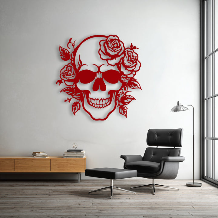 The striking transition from bold red floral skull decoration wall art to the light grey wall creates a dramatic visual impact.