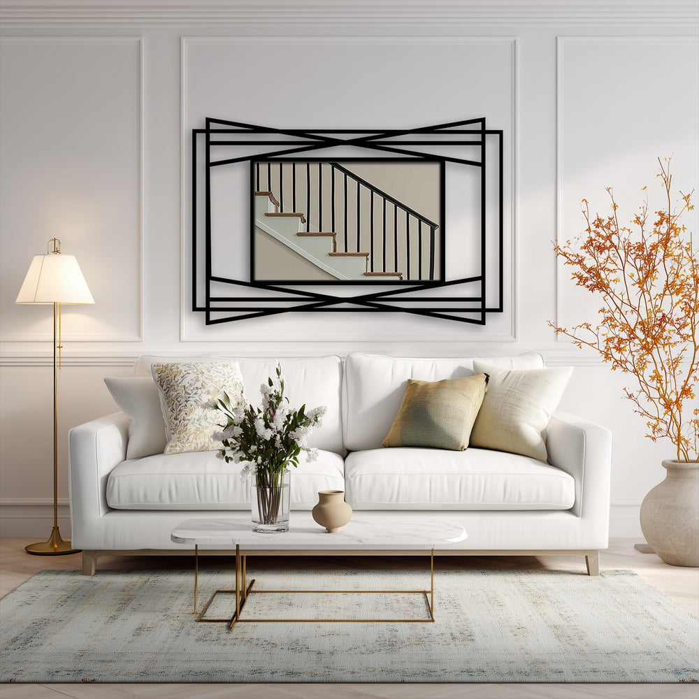 Layered metal wall art displays a complex surface texture as decoration wall art, formed by the layered symmetrical angular frame on the displayed modern geometry.