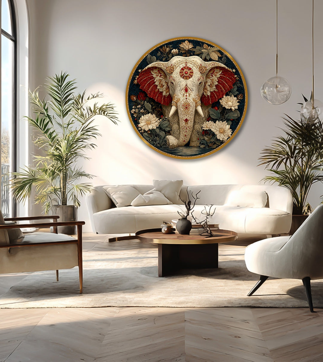 The glossy finish of this ornamental sacred elephant oil painting reproduction print on wood accentuates the floral details and crimson ears.