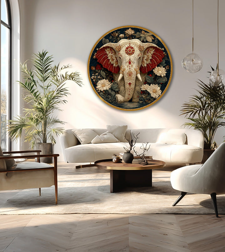 The glossy finish of this ornamental sacred elephant oil painting reproduction print on wood accentuates the floral details and crimson ears.