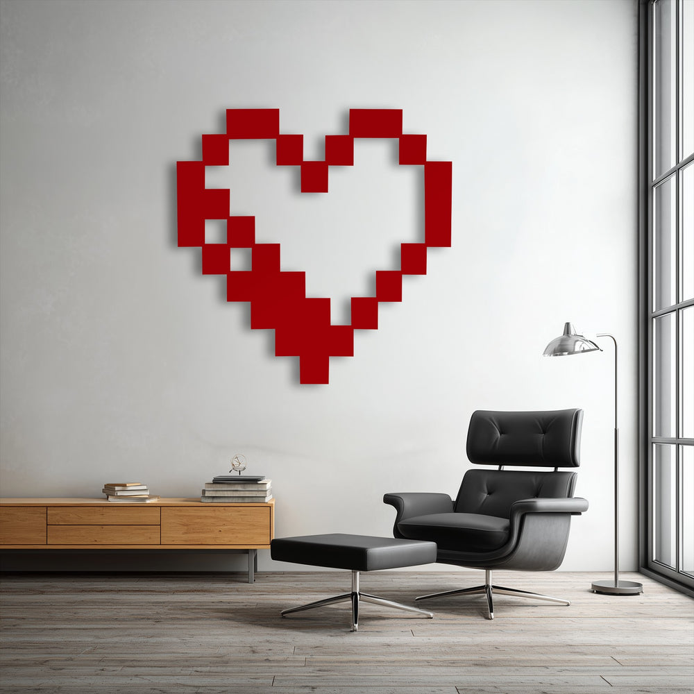 Featuring precise, squared-off edges, a vibrant red pixel heart metal wall decor highlights retro gaming style on a modern wall.