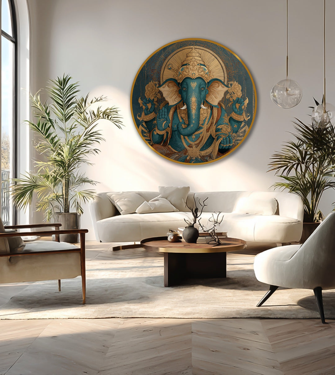 Warm color temperature radiates from the royal Ganesha round modern oil painting art, complementing the room's neutral hues.