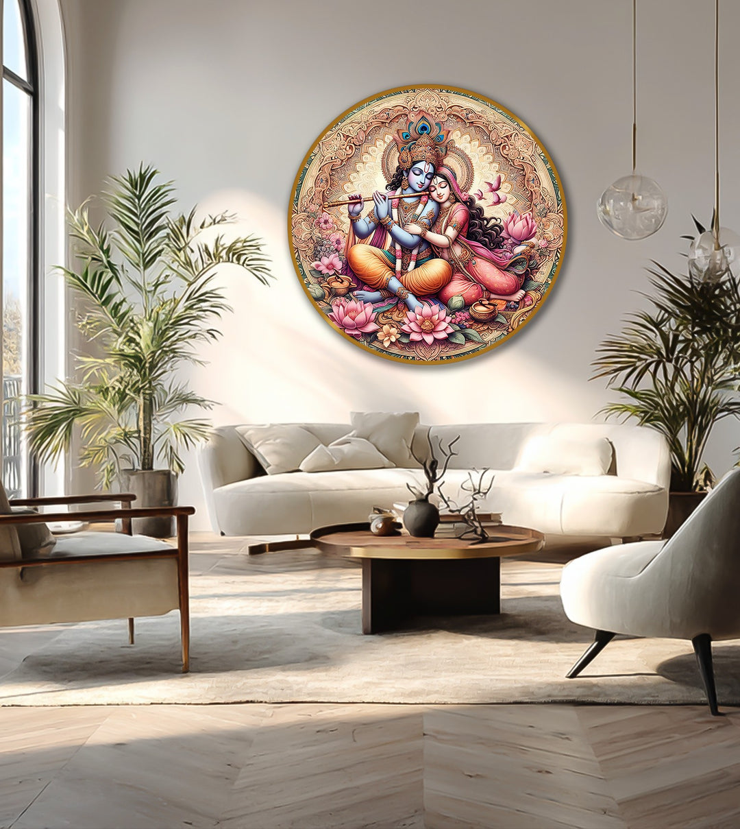 Brightest area illuminates the divine figures in this oil painting home decor, a round Radha Krishna artwork displaying the couple surrounded by lotus flowers.