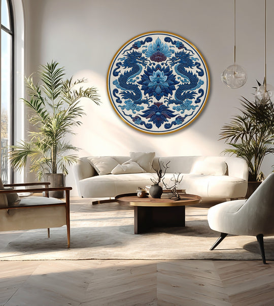 The realistic detail in this modern oil painting art captures the rich texture of the royal blue twin dragons and floral motifs on the round canvas.