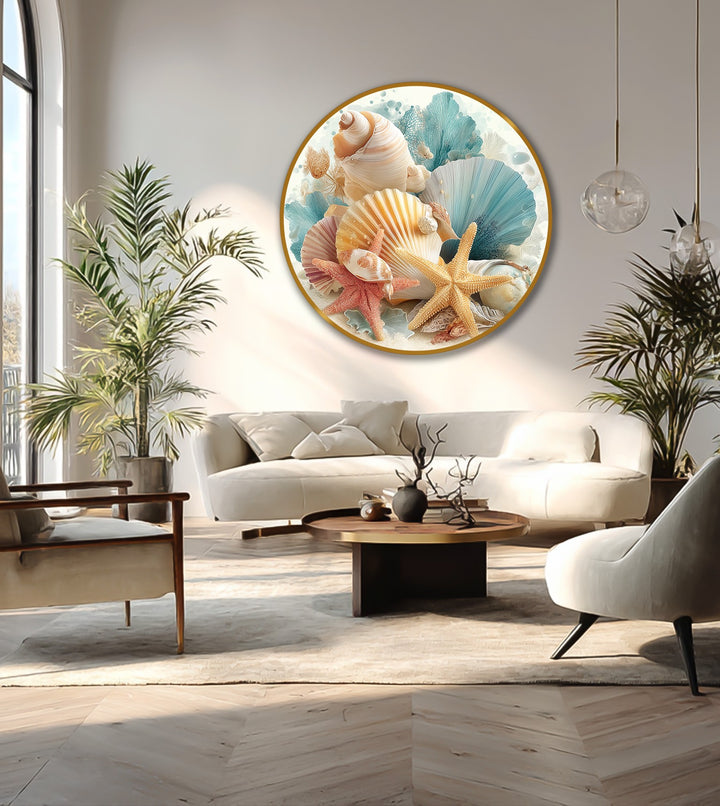 Negative space enhances the circular pastel ocean treasures oil painting home decor featuring coastal seashells and starfish against a bright, minimalist living room.