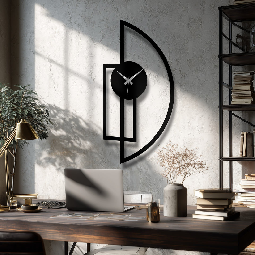 Black finish highlights the minimalist half moon metal wall clock as a piece of unique metal wall art, complementing its modern geometric design.