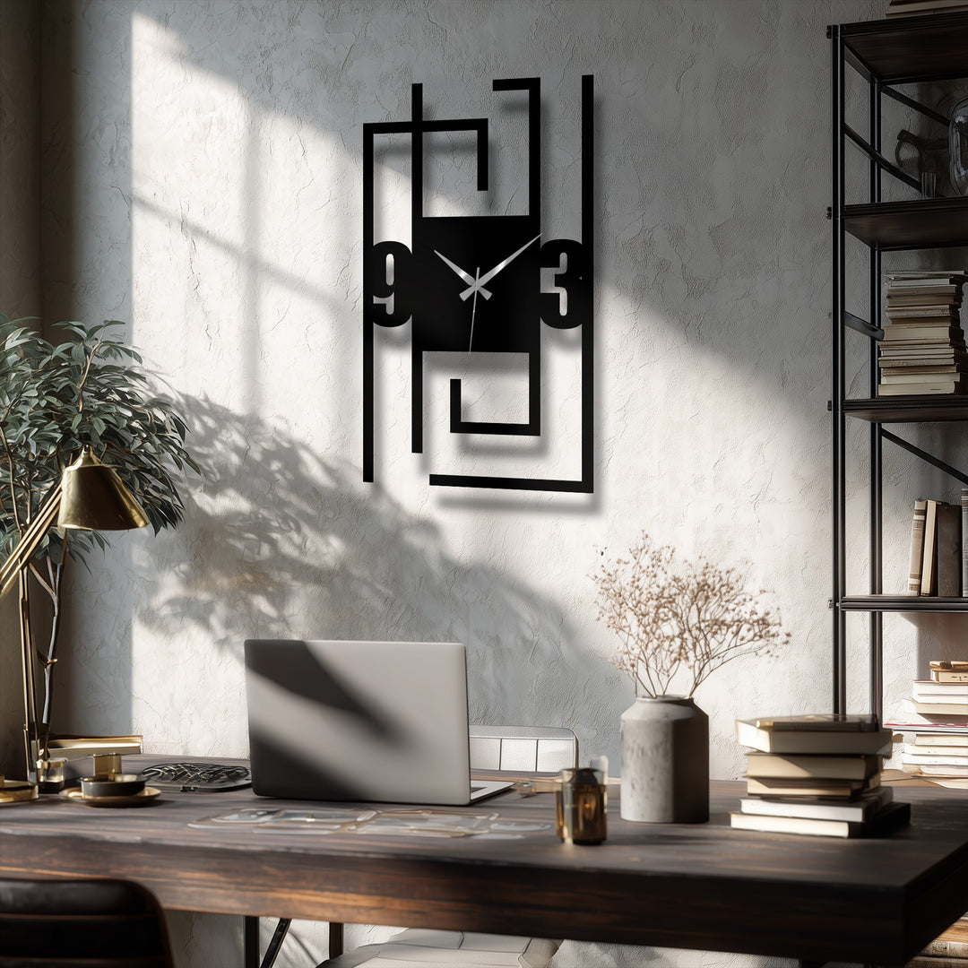 The realistic detail highlights the intricate design of this metal artwork clock, featuring modern numerals framed by bold, abstract lines.