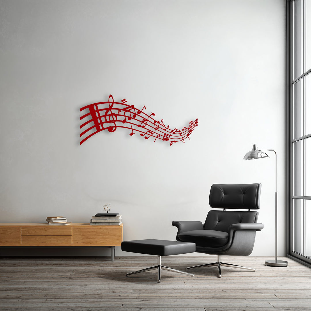 A dynamic red unique metal wall art piece with flowing musical notes and a treble clef creates a vivid sense of movement on the white wall.