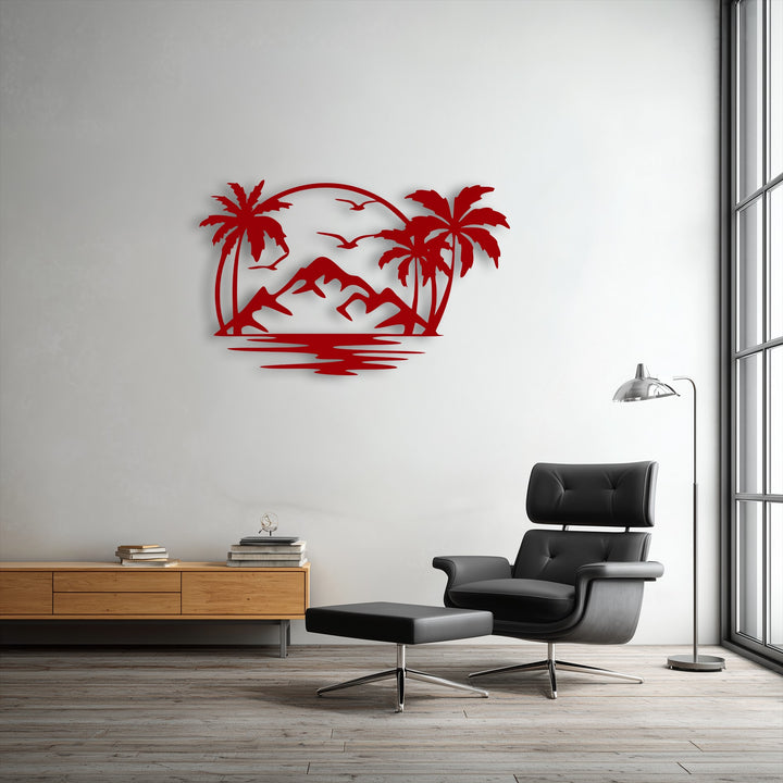 The clean white background features subtle shadows, enhancing the unique metal wall art depicting a tropical sunset island scene.