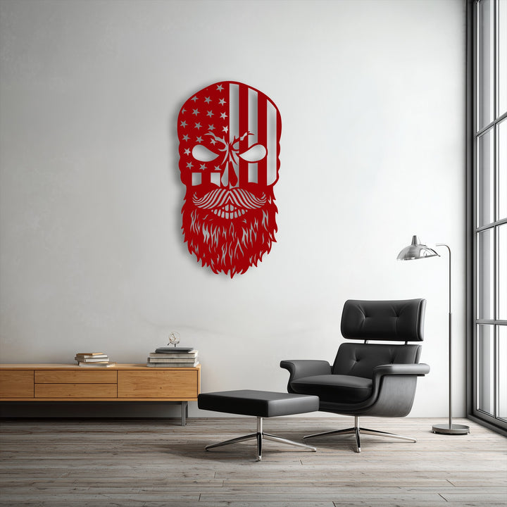 The flowing, intricate organic forms of the bearded patriot skull metal art for wall feature a stylized American flag.