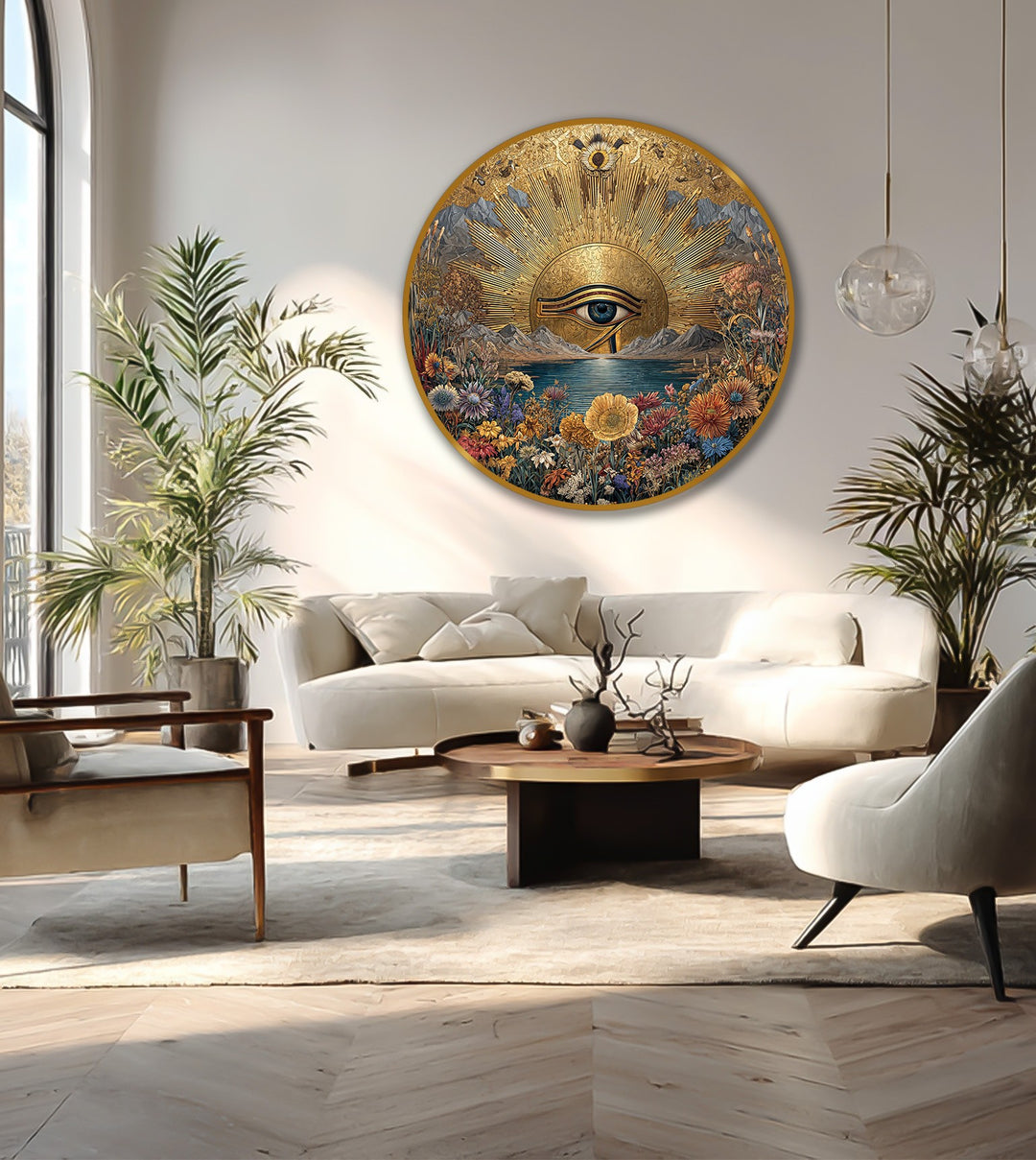 Finely crafted, this striking wooden Golden Horizon Eye oil painting wall art showcases a premium oil painting wall art technique with rich, vibrant colors and a smooth, refined finish.