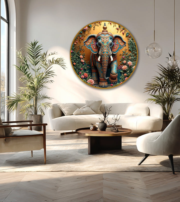 Exquisite oil painting decoration showcases a round floral Ganesha in vibrant colors and gold tones, emphasizing the fine quality and spiritual depth of the materials.